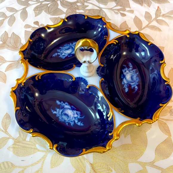 VTG Chechoslovakia Cobalt Blue Gold 3 Sections Porcelain Bowl / Plate  With Hand - Picture 1 of 7